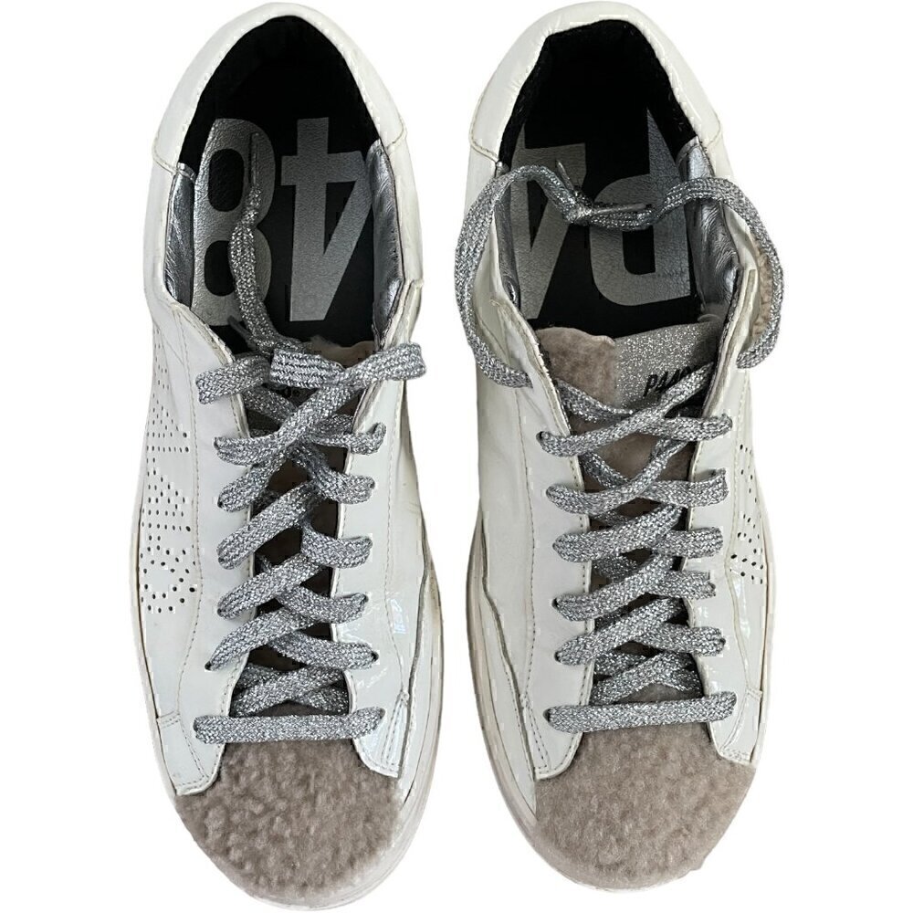 P448 John Shearling Patent Sneakers EU 40 White Silver Glitter Lace Up - Picture 11 of 11
